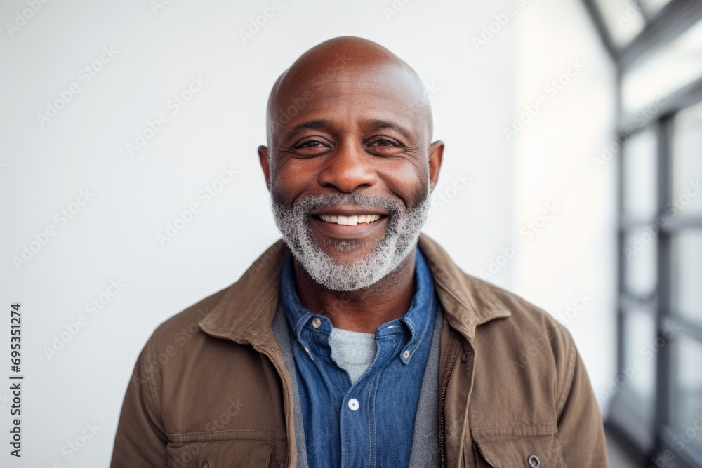 Portrait of a satisfied afro-american man in his 50s wearing a chic cardigan against a white background. AI Generation Portrait of a satisfied afro-american man in his 50s wearing a chic cardigan against a white background. AI Generation