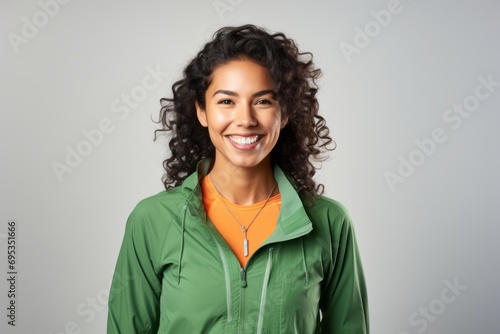 Portrait of a smiling indian woman in her 20s sporting a technical climbing shirt against a white background. AI Generation