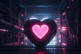 Black and pink glowing neon heart on dark background of the empty, bleak night city. Valentine's day card. Love concept. Cyberpunk futuristic dystopian entertainment.