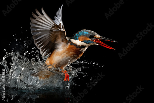 close-up of kingfisher flying out of the water during hunt on black background photo