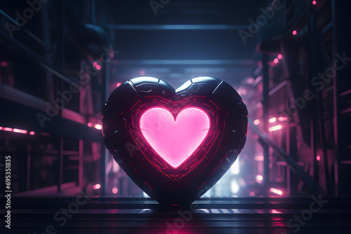 Black and pink glowing neon heart on dark background of the empty, bleak night city. Valentine's day card. Love concept. Cyberpunk futuristic dystopian entertainment.
