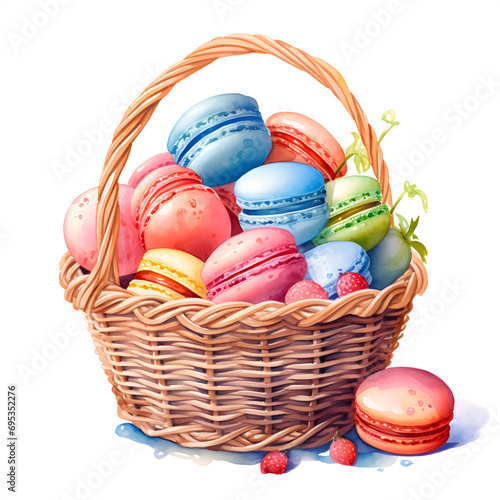 Watercolor illustration of colorful macarons in a woven basket.