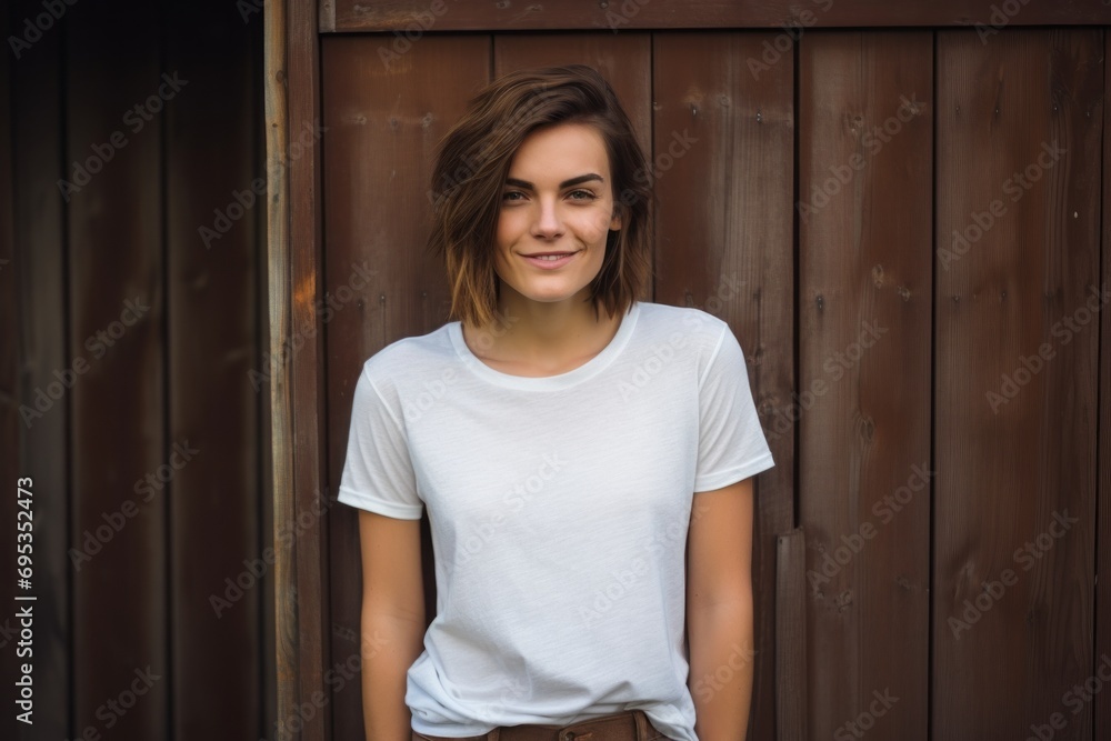 Fototapeta premium Portrait of a content woman in her 20s dressed in a casual t-shirt against a rustic wooden wall. AI Generation