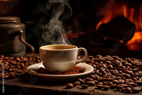 Hot cup of coffee with visible steam, surrounded by roasted beans and an old-fashioned coffee grinder on a rustic table