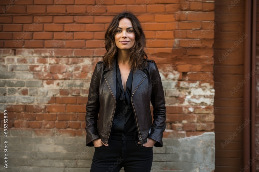 Portrait of a content woman in her 30s sporting a stylish leather blazer against a vintage brick wall. AI Generation
