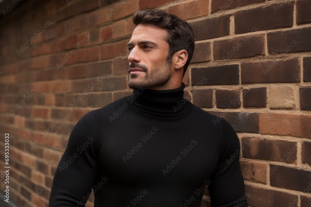 Portrait of a blissful man in his 30s wearing a classic turtleneck sweater against a vintage brick wall. AI Generation Portrait of a blissful man in his 30s wearing a classic turtleneck sweater against a vintage brick wall. AI Generation