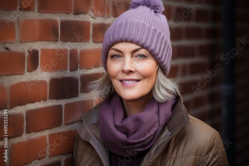 Portrait of a blissful woman in her 50s dressed in a warm ski hat against a vintage brick wall. AI Generation
