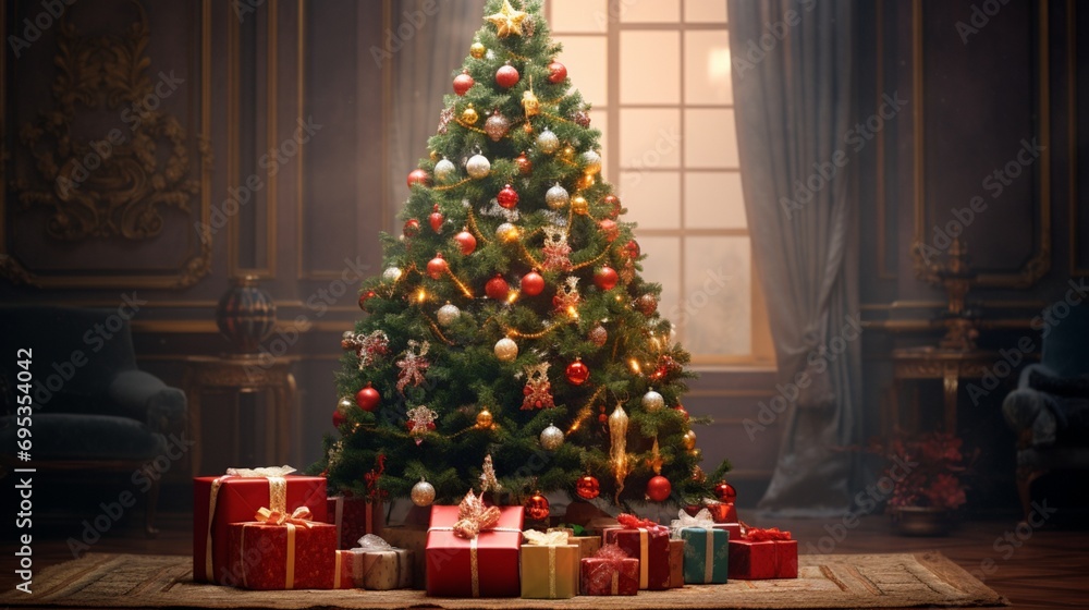 Christmas image featuring a beautifully decorated Christmas tree adorned with twinkling lights and ornaments, surrounded by a colorful array of presents, evoking the joy and warmth of the holiday 