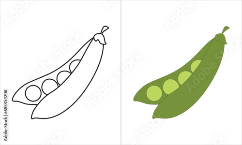 Simple green peas clipart vector illustration isolated on white background. Pod of green peas  Green peas sign icon. Organic food, vegetables and restaurant concept outline colour, and doted 