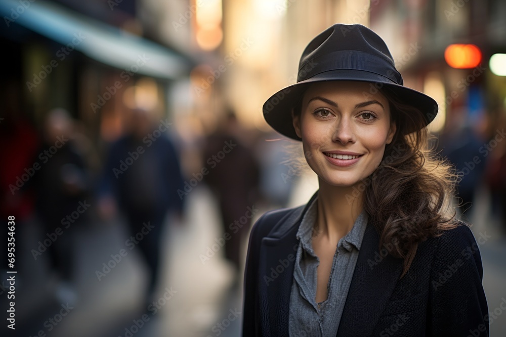 Portrait of a smiling woman in her 30s donning a classic fedora against a busy urban street. AI Generation Portrait of a smiling woman in her 30s donning a classic fedora against a busy urban street. AI Generation