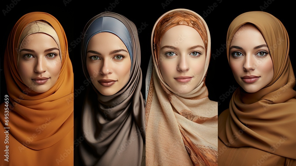 A collage of portraits showcasing the diversity of hijab styles and cultural backgrounds among beautiful women