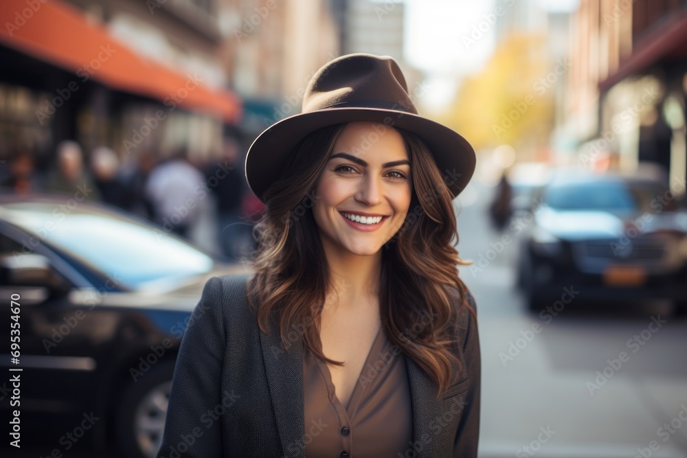 Portrait of a smiling woman in her 30s donning a classic fedora against a busy urban street. AI Generation Portrait of a smiling woman in her 30s donning a classic fedora against a busy urban street. AI Generation