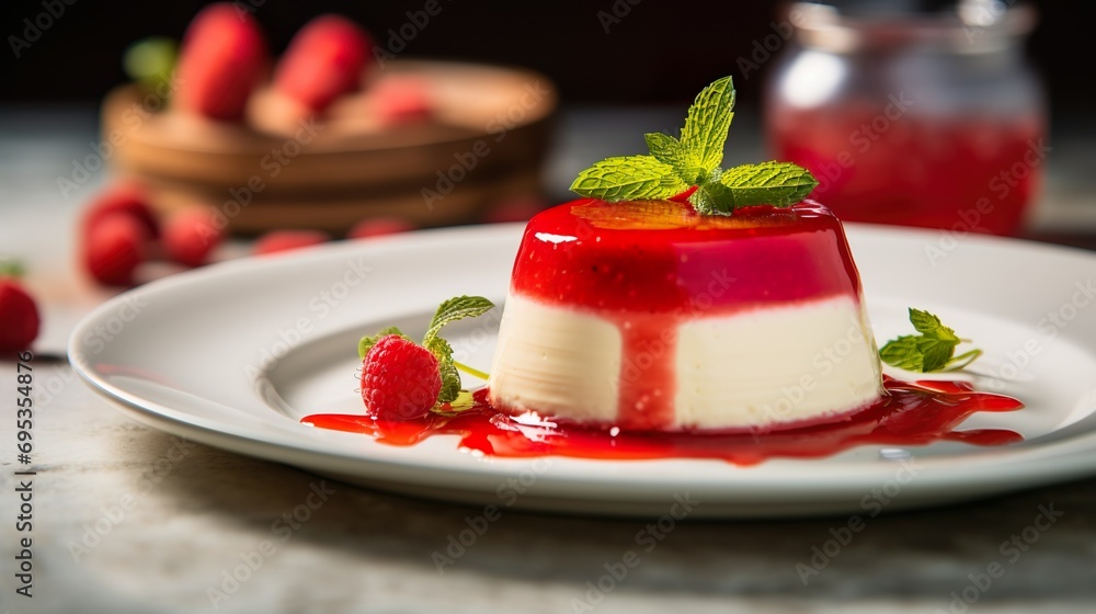 Homemade delicious panna cotta dessert with strawberry jam decorated with fresh berries and mint. Confectionery, recipes, restaurant menu. Yummy restaurant dessert. Homemade delicious panna cotta dessert with strawberry jam decorated with fresh berries and mint. Confectionery, recipes, restaurant menu. Yummy restaurant dessert.