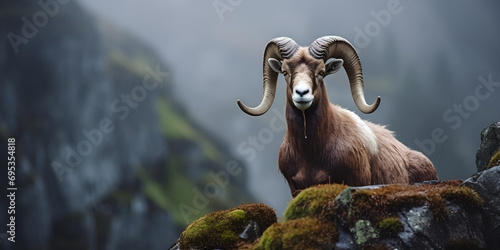  A brown goat standing on top of a grass covered hillside Mouflon lying on a rock in the mountains. Animal portrait, Barbary sheep Capra ibex on the slope of a mountain AI Generative    
 photo