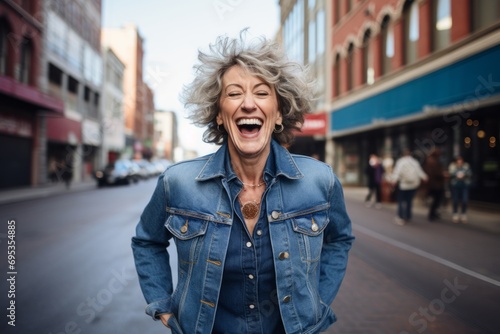 Portrait of a joyful woman in her 50s sporting a rugged denim jacket against a busy urban street. AI Generation