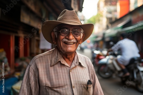 Portrait of a satisfied indian man in his 80s wearing a rugged cowboy hat against a busy urban street. AI Generation