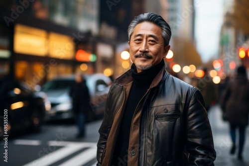 Portrait of a content asian man in his 60s sporting a stylish leather blazer against a busy urban street. AI Generation