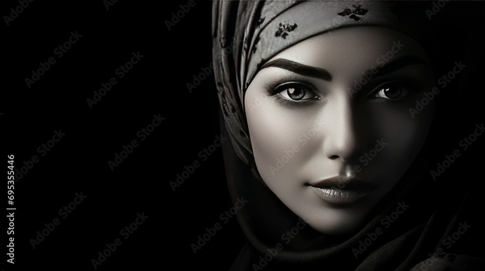 A detailed portrait of a hijab-wearing woman, capturing the play of light and shadow on her features in a classic black and white style