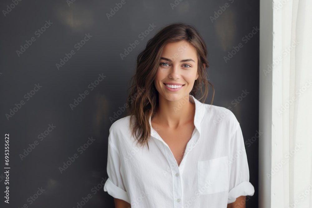 Portrait of a grinning woman in her 30s wearing a simple cotton shirt against a modern minimalist interior. AI Generation Portrait of a grinning woman in her 30s wearing a simple cotton shirt against a modern minimalist interior. AI Generation