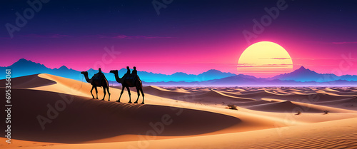 A panoramic view of rolling sand dunes with the silhouette of a solitary camel caravan at dusk  people riding camels. Generative AI