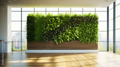 Interior vertical biowall garden, covered with green vegetation plants. Eco living concept. Generative AI photo