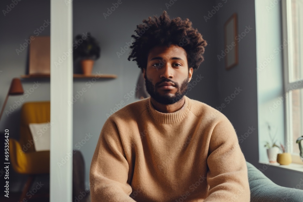 Portrait of a tender afro-american man in his 20s wearing a cozy sweater against a modern minimalist interior. AI Generation Portrait of a tender afro-american man in his 20s wearing a cozy sweater against a modern minimalist interior. AI Generation