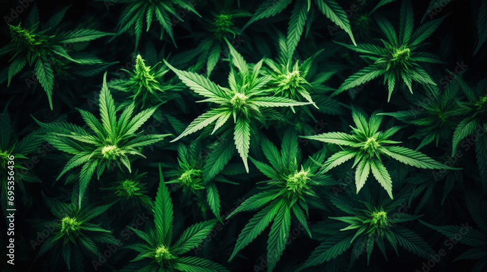Top view of cannabis sativa branches with leaves patchwork. Medical marijuana concept background. Generative AI Top view of cannabis sativa branches with leaves patchwork. Medical marijuana concept background. Generative AI