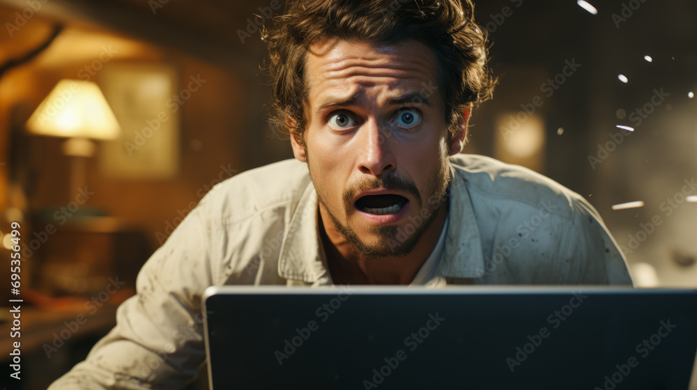 Surprised, discouraged man with a mustache looks from behind a laptop Surprised, discouraged man with a mustache looks from behind a laptop