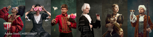 Collage made of portrait of different people, men and women in vintage costumes over dark green background. Concept of comparison of eras, modernity and renaissance, baroque style. photo