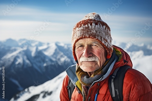 Portrait of a blissful man in his 80s dressed in a warm ski hat against a snowy mountain range. AI Generation