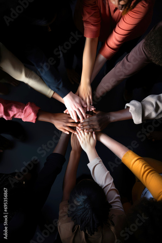 Working together concept with hands united together in the air. Multiracial team work.