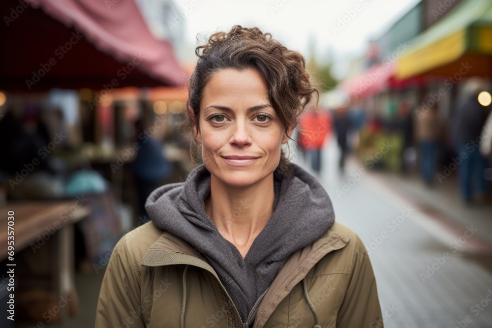 Portrait of a tender woman in her 40s wearing a thermal fleece pullover against a bustling farmer's market. AI Generation
