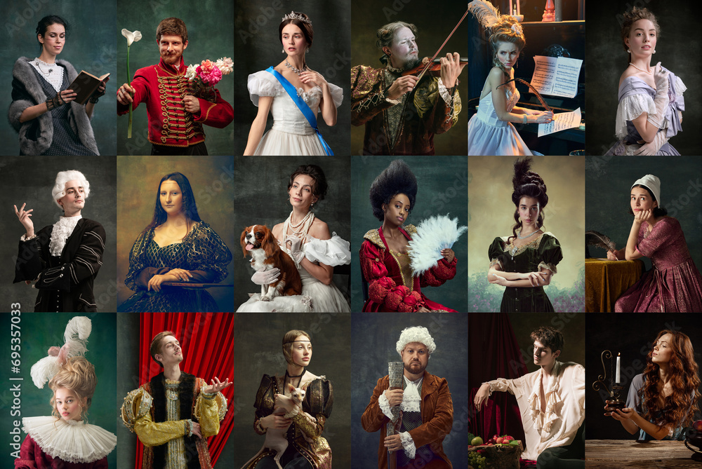 Collage. Portrait of different royal people, famous historical personages over dark vintage background. Concept of comparison of eras, modernity and renaissance, baroque style. - obrazy, fototapety, plakaty 