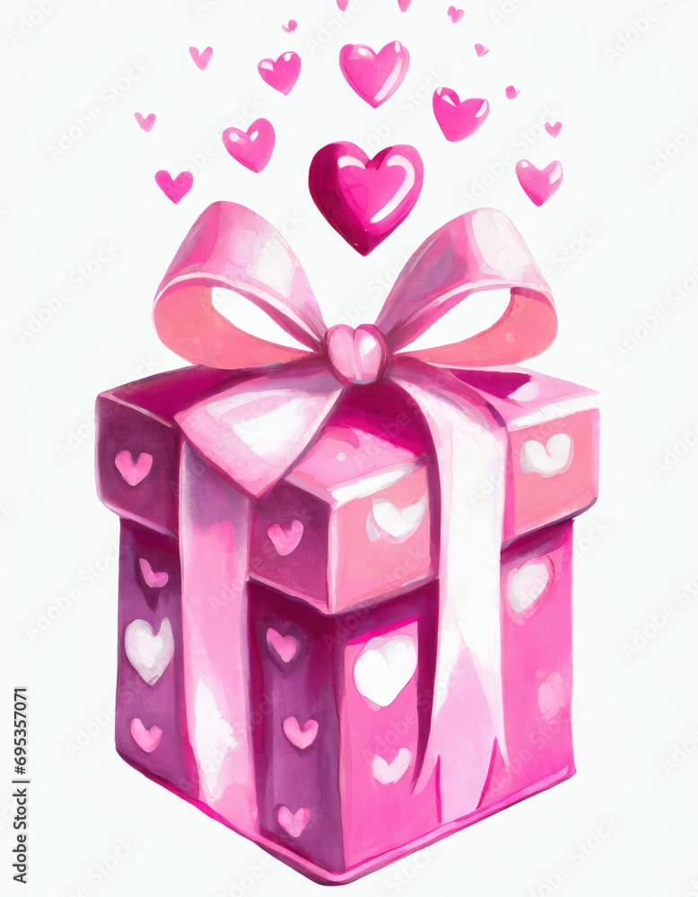 Светло-розовая подарочная коробка с бантом и сердечками на белом фоне