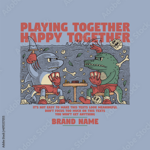 retro cartoon emblem of shark and crocodile playing cards 