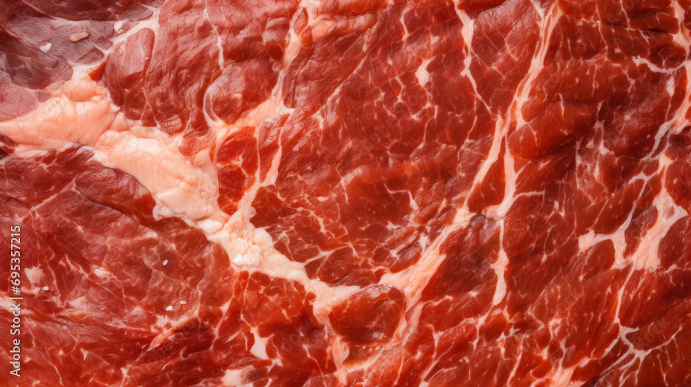 Close-up of fresh raw red beef meat steak structure. Food background. Generative AI Close-up of fresh raw red beef meat steak structure. Food background. Generative AI
