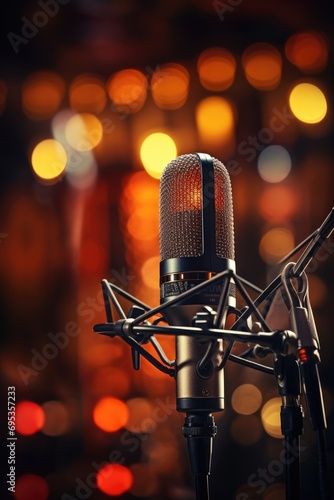 Studio karaoke microphone over the bright blurred background