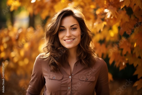 Portrait of a cheerful woman in her 30s donning a classy polo shirt against a background of autumn leaves. AI Generation