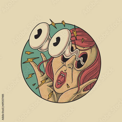 popping eyes girl retro cartoon emblem