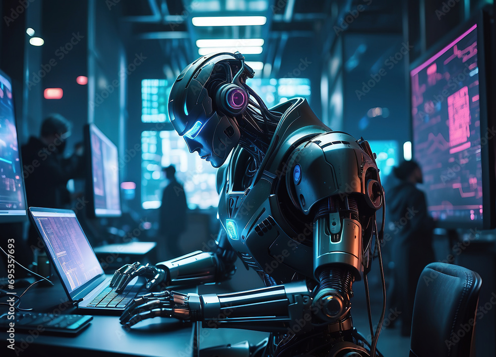 Fototapeta premium Android Artificial Intelligence robot in Big Data Facility services operations in a big server farm