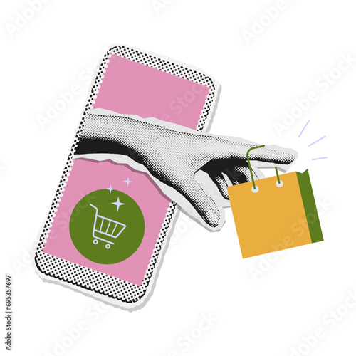 Retro halftone paper collage. Online shopping or online sale concept stickers. Hand coming out of phone, taking paper bag. Vector