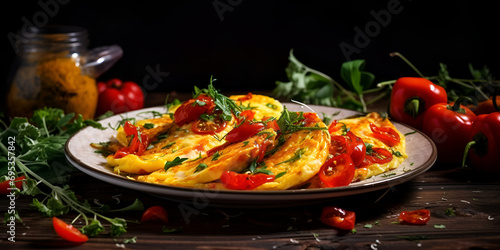 Breakfast omelette and tomatoes with sandwiches on black plate frittata omelet Healthy breakfast food stuffed egg omelette with vegetables on dark black background Ai Generative photo