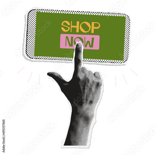 Halftone collage of hand with phone with Sale promotion