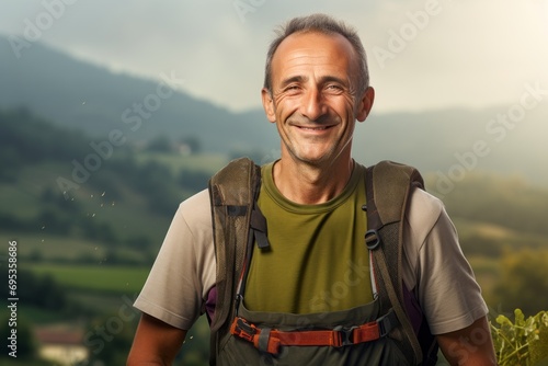 Portrait of a cheerful man in his 50s dressed in a breathable mesh vest against a quiet countryside landscape. AI Generation