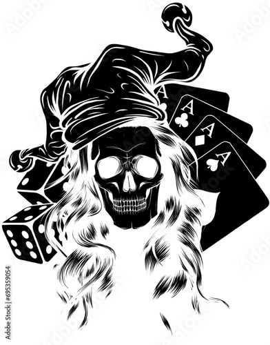 black silhouette of skull with joker hat and casino game