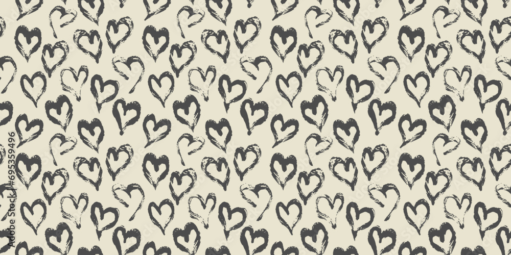 Seamless heart pattern hand painted with ink brush