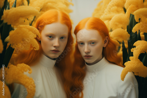 Generative AI image of twins with fiery red hair among flowers photo