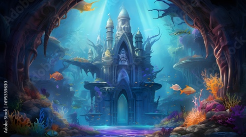 Fantasy illustration of a fantasy underwater world with fishes and a castle © Iman