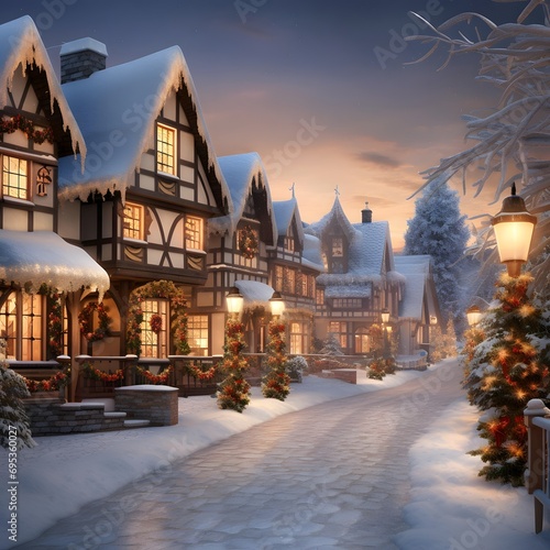 Winter city street with houses and Christmas trees in the evening. 3d rendering