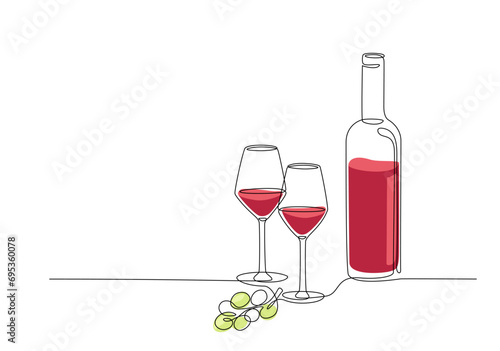 Bottle of wine with glasses, bottle and grape continuous one line drawing. Single line drawing of bottle with alcohol, wineglass, glassware, fruit and color shapes. Line art style for restaurant menu